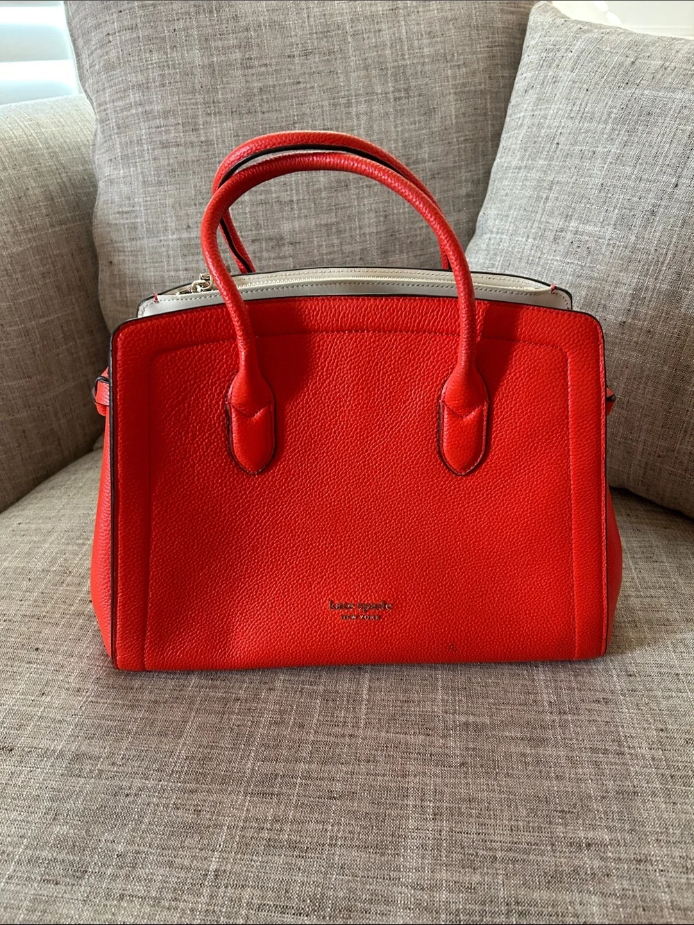 kate spade Red Leather Double-Handle Satchel with Cream Trim